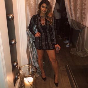 FN Long Sleeve black AB Rhinestone Dress